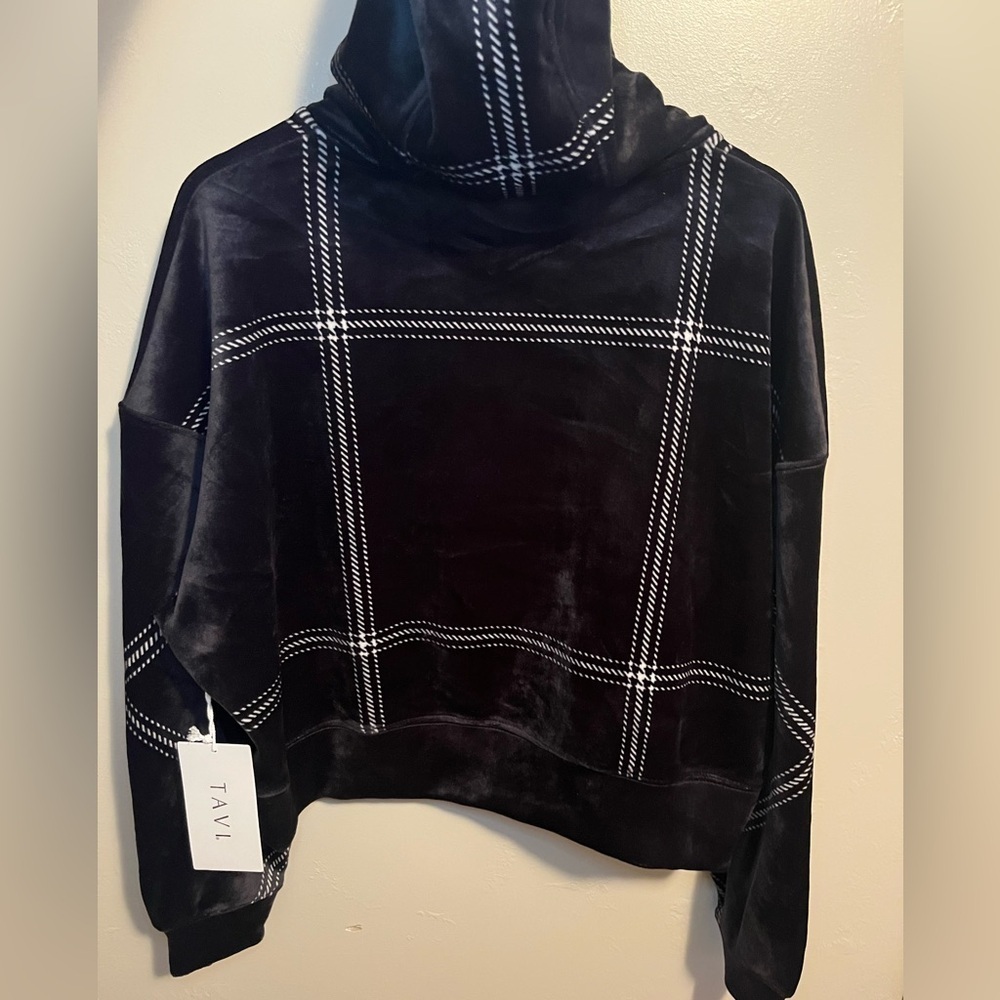 Tavi Campfire Hoodie Size Large Black White Window Pane Stripes Cropped Velour - Picture 10 of 14